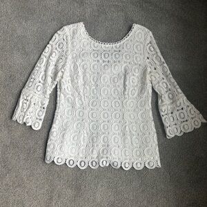 Boden white crochet detail blouse, with a bell sleeve and scoop back. Size 12